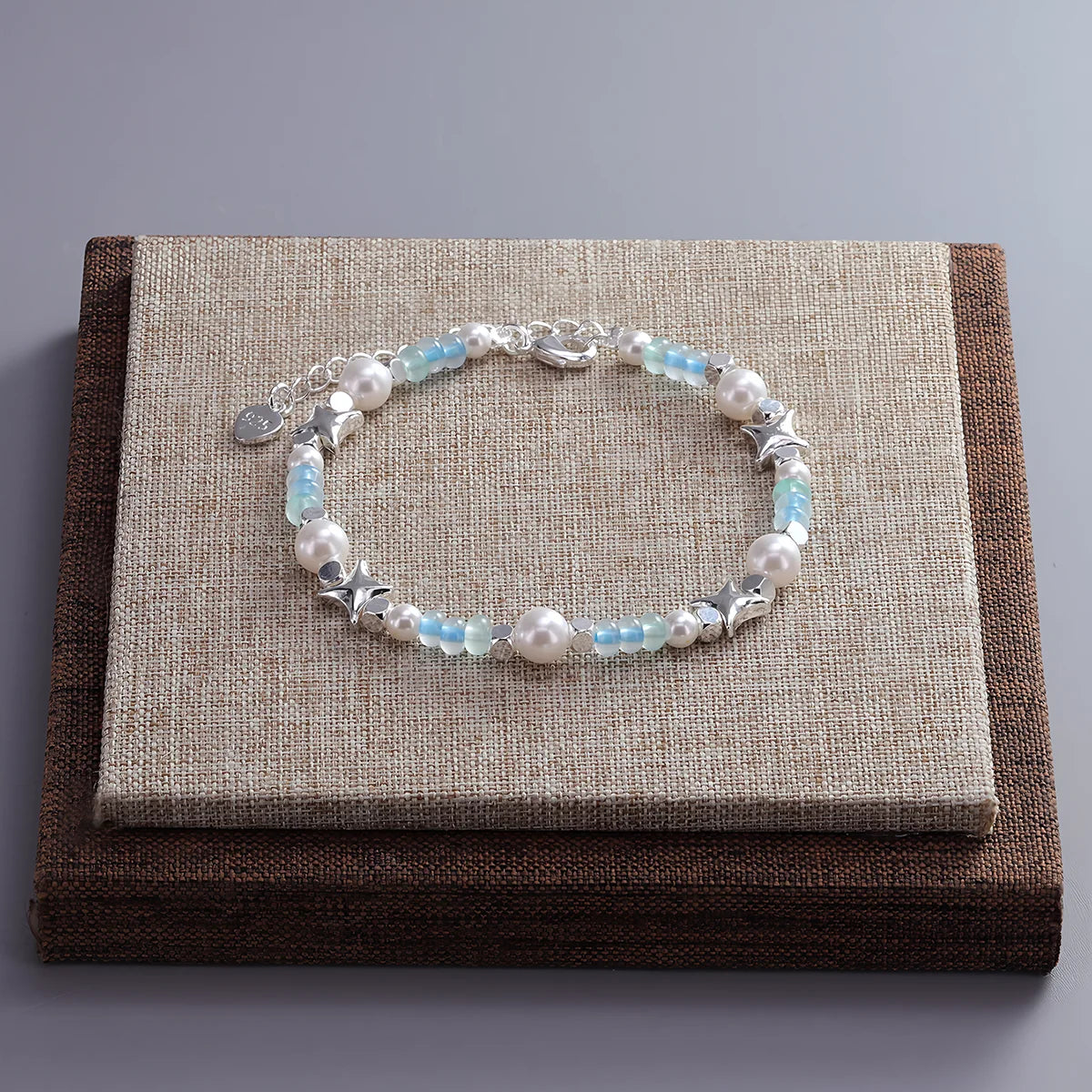 luckacco ventfille 925 sterling silver 6mm shell pearl glass bead star bracelet for women gift crushed silver jewelry