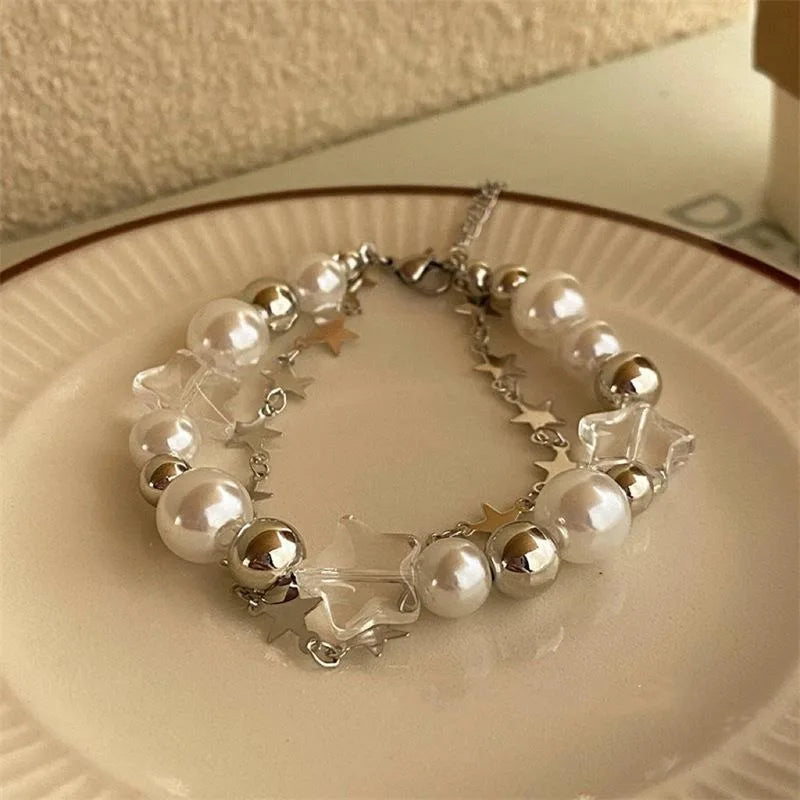 luckacco star pentagram pearl beaded bracelet for women harajuku crystal vintage aesthetic charm double layer chain bracelet jewelry gift