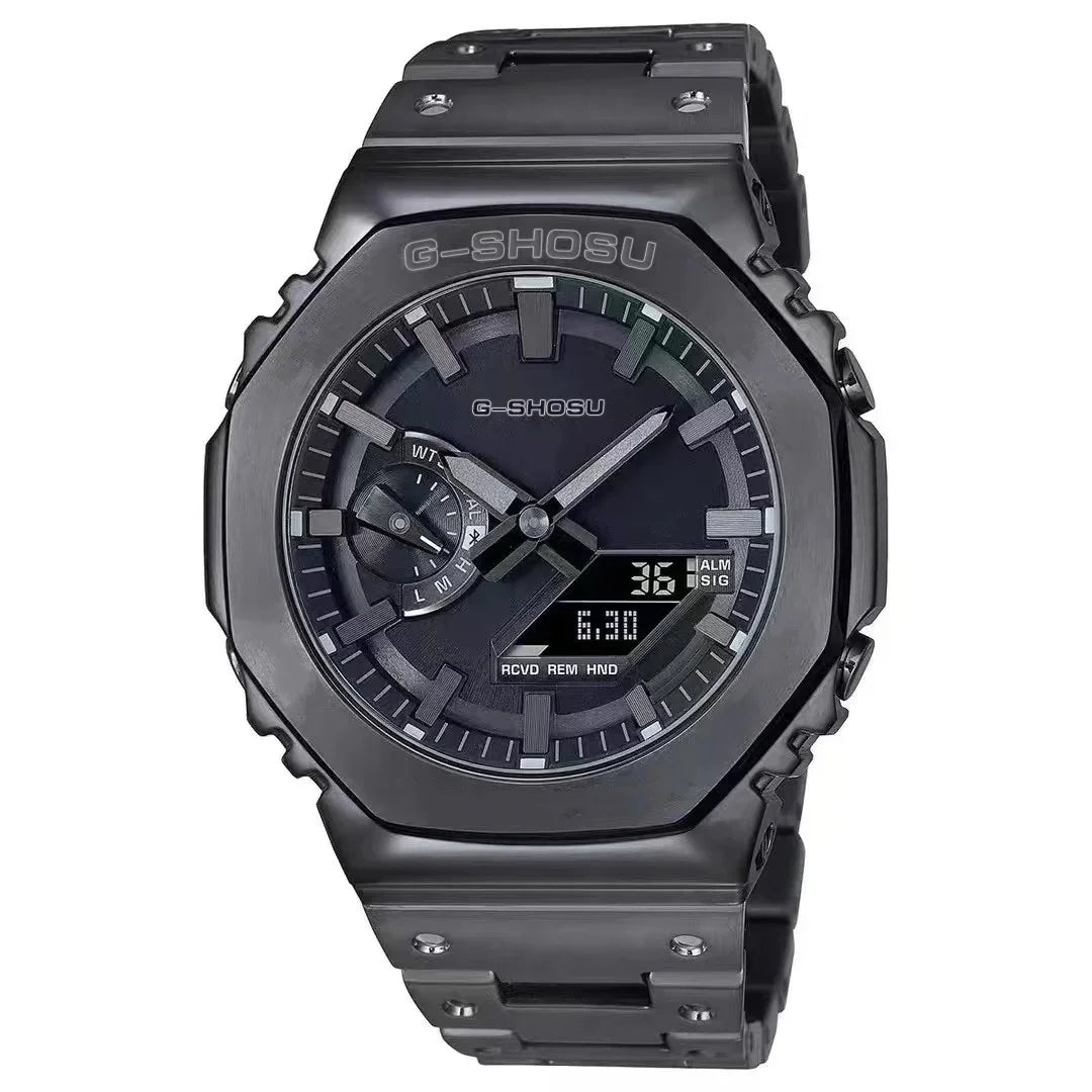 luckacco digital sports electronic unisex watch full function led alloy large dial world time steel strap gmb oak series