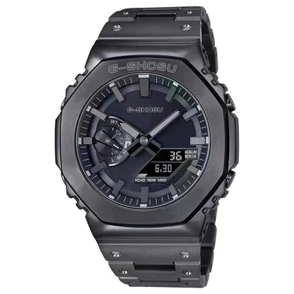 Luckacco Digital Sports Electronic Unisex Watch Full Function LED Alloy Large Dial World Time Steel Strap GMB Oak Series