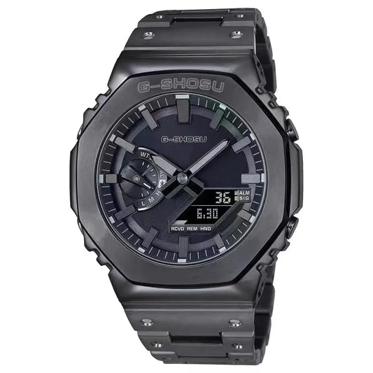 Luckacco Digital Sports Electronic Unisex Watch Full Function LED Alloy Large Dial World Time Steel Strap GMB Oak Series
