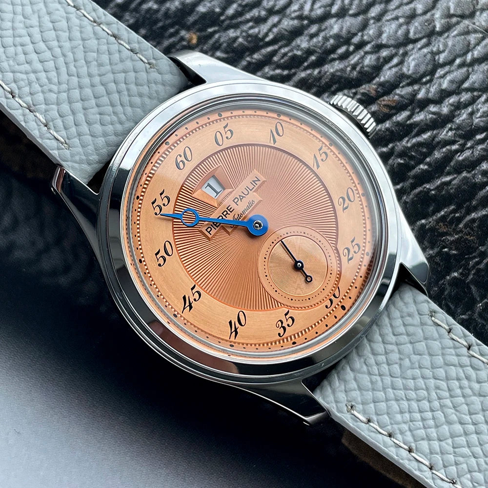 luckacco spot goods new pierre paulin jumping hour men watch salmon dial automatic st17 mechanical watch vintage date window 38mm