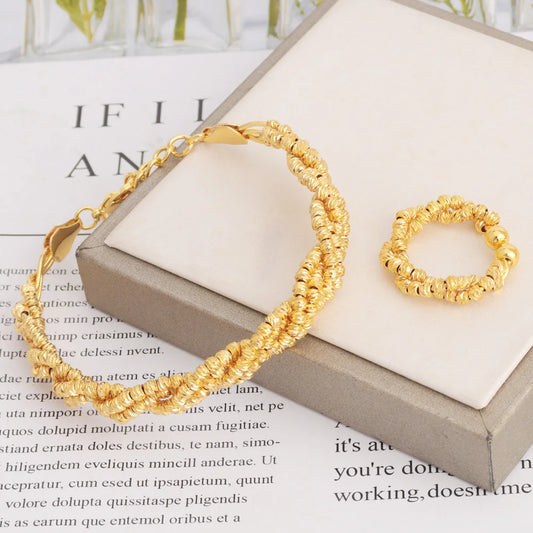 Luckacco Vintage Gold Color Middle East Women Jewelry Set Ethiopia Multi Layer And Multi Bead Design Bangle And Ring Wedding Easter Gift