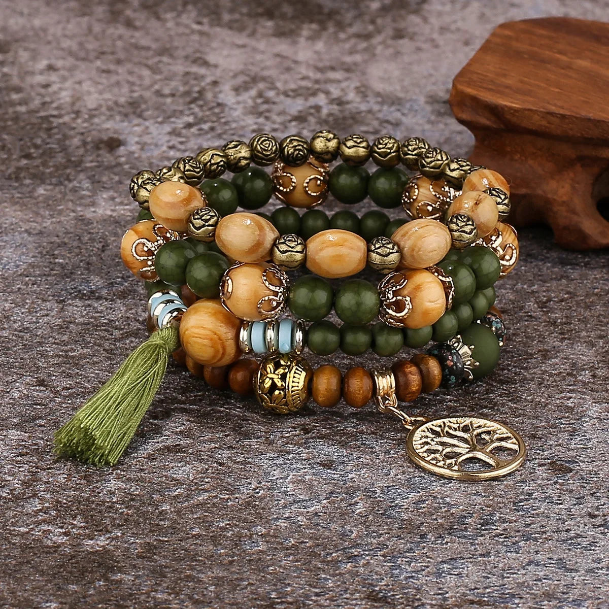 luckacco boho tree of life bracelet set for women fashion tassels charm wooden beads elastic chain bangle girl trendy party jewelry
