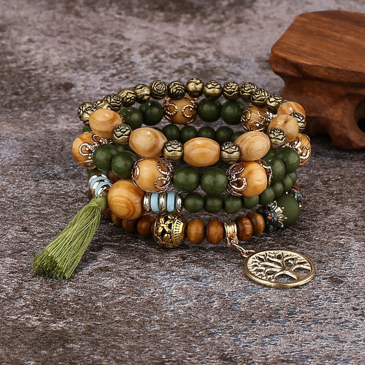 Luckacco Boho Tree Of Life Bracelet Set For Women Fashion Tassels Charm Wooden Beads Elastic Chain Bangle Girl Trendy Party Jewelry