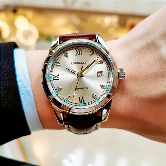 Luckacco New Stylish High-End Business Men's Watch, Fully Automatic Mechanical Watch, Skeleton Design, Round Dial, with Calendar Display, Leather Strap, Fashionable Accessory, Suitable for Business and Casual Wear, European, American, Japanese, and K