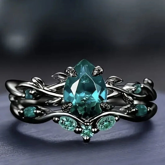 Luckacco Luxury Black Color Inlaid with Green Stone Rings Set Round Flower Fashion Party Engagement Wedding Rings for Women Jewelry