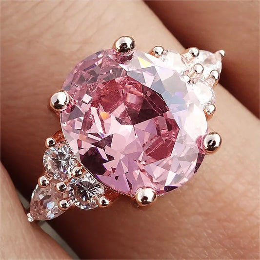 Luckacco Big Oval Stone Pink Zircon Ring Female Luxury Crystal Engagement Rings For Women Vintage Rose Gold Silver Color Wedding Jewelry