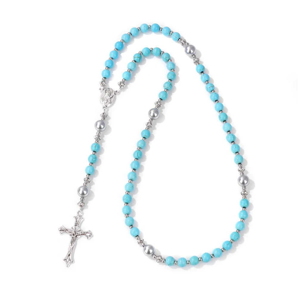luckacco catholic jesus cross bracelet men religious prayer rosary bangle 50cm natural african turquoises lava gem stone bead bracelet