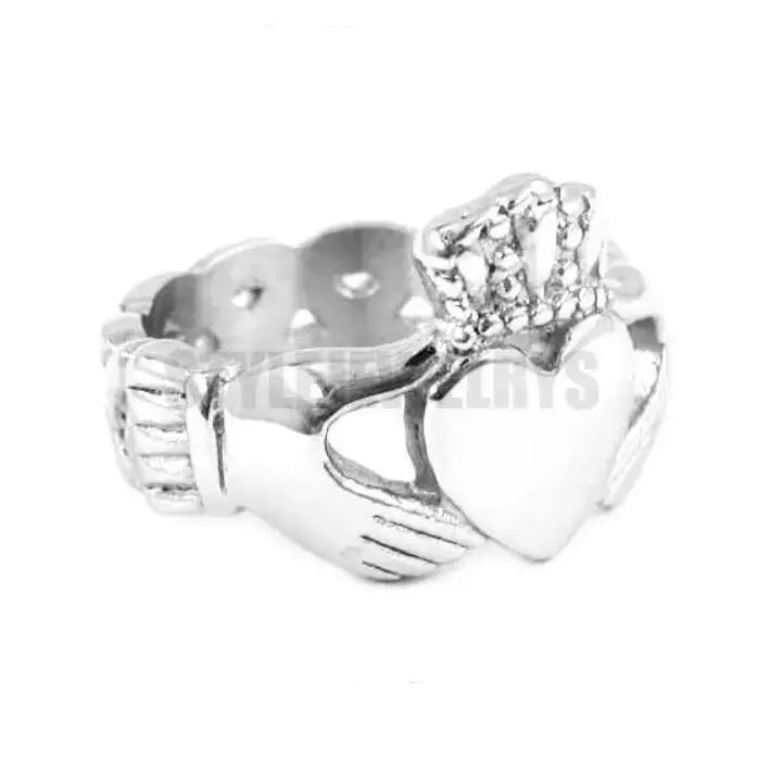 luckacco claddagh style hand to hold a heart with crown ring stainless steel jewelry celtic biker wedding ring  swr0312a