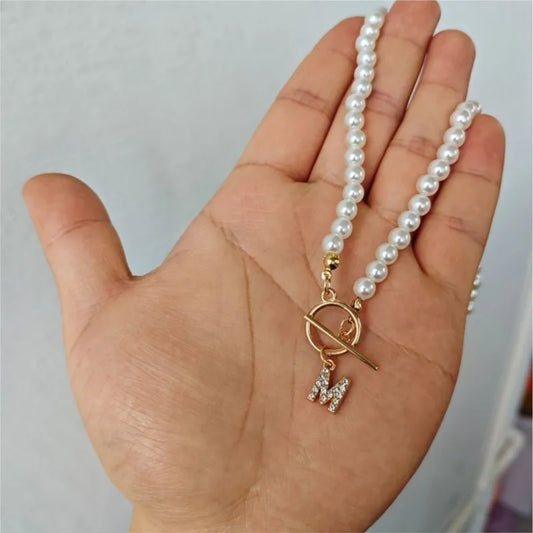 Luckacco Elegant Simulated-pearl Gold Color OT Buckle 26 Letters Pendant Necklace for Women Vintage Choke Collares Jewelry Girls Gifts
