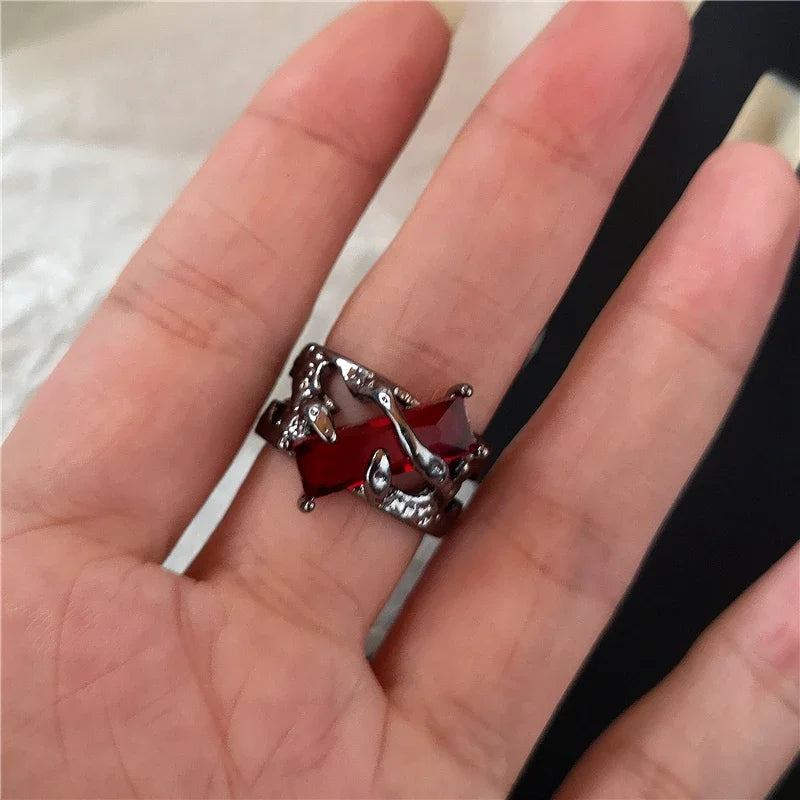 luckacco goth punk retro red crystal love heart cross geometry irregular open ring set y2k halloween accessories for women kpop jewelry