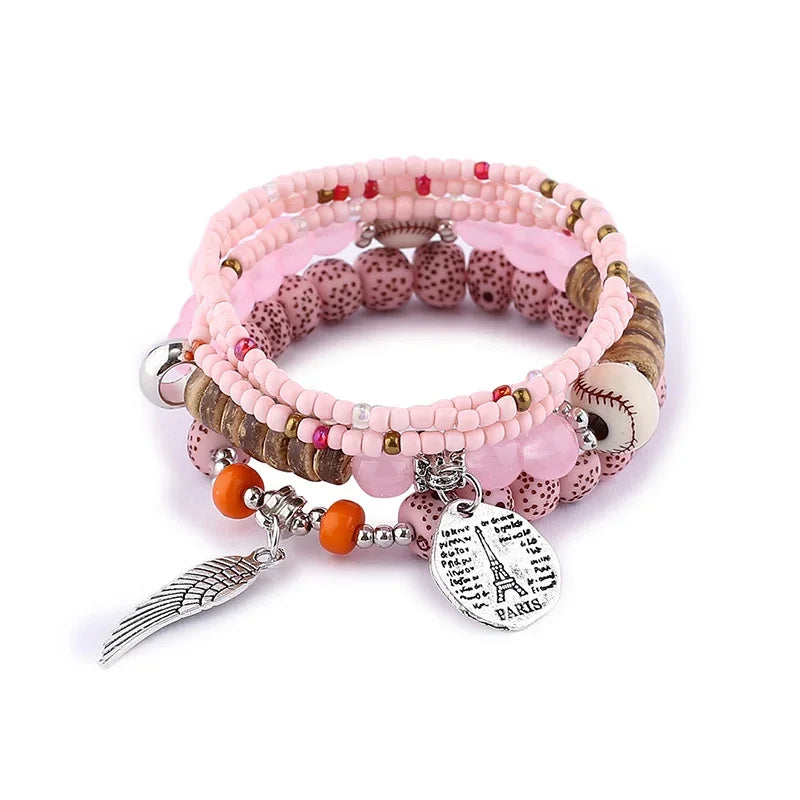 luckacco boho tree of life bracelet set for women fashion tassels charm wooden beads elastic chain bangle girl trendy party jewelry
