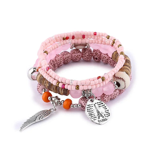 Luckacco Boho Tree Of Life Bracelet Set For Women Fashion Tassels Charm Wooden Beads Elastic Chain Bangle Girl Trendy Party Jewelry