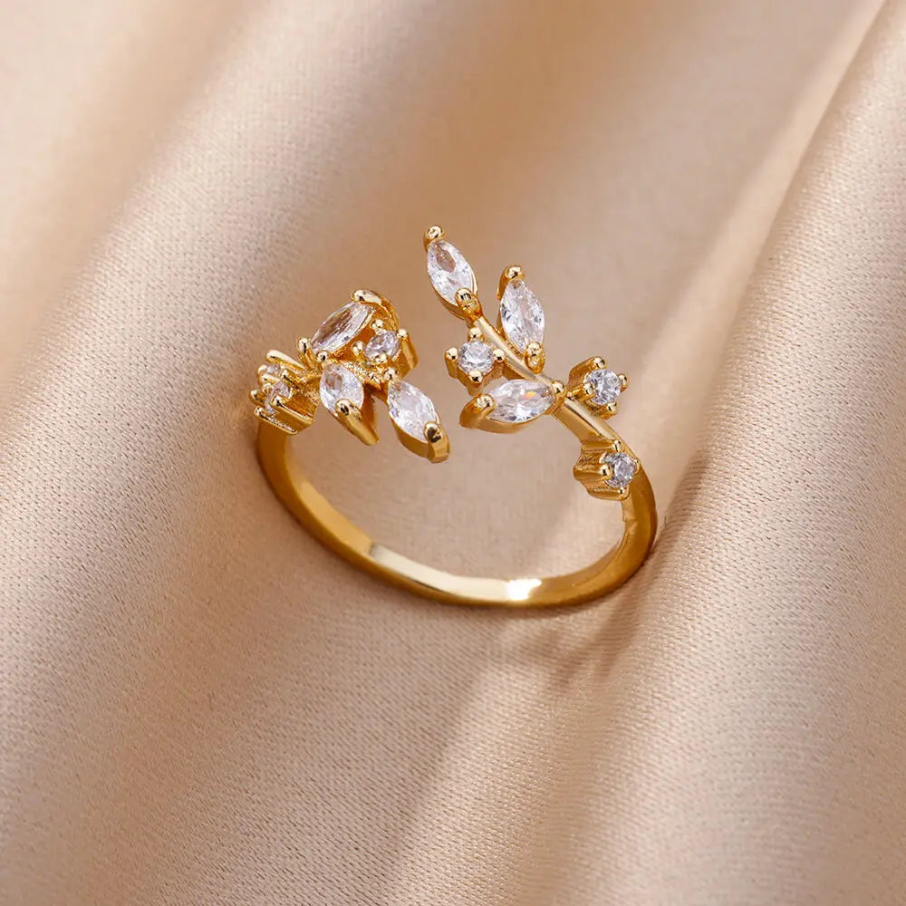 luckacco luxury gemstone flower stainless steel rings zircon adjustable ring women wedding anti fading jewelry vacation accessories gift