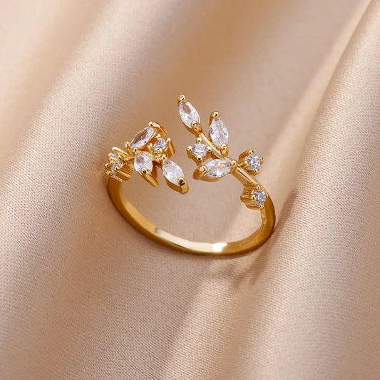 Luckacco Luxury Gemstone Flower Stainless Steel Rings Zircon Adjustable Ring Women Wedding Anti Fading Jewelry Vacation Accessories Gift