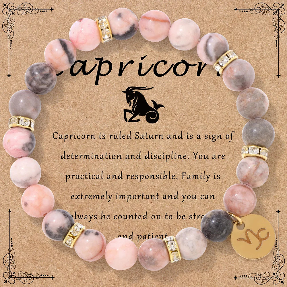 luckacco mhs.sun 12 star zodiac sign pink zebra stone beaded bracelets constellation fashion birthday party jewelry for women men