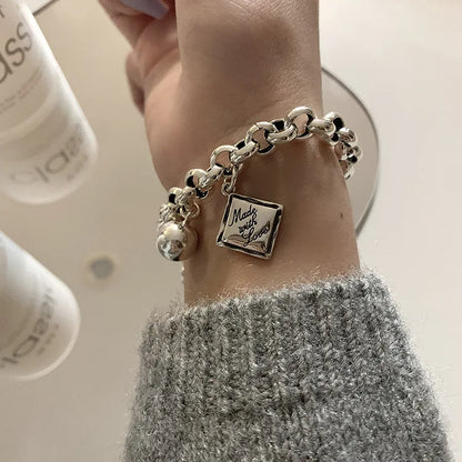 Luckacco New 925 Silver Geometric Bead Punk Peace of Mind Words Irregular String Bracelet For Woman Girl Fashion Jewelry Gift Dropship