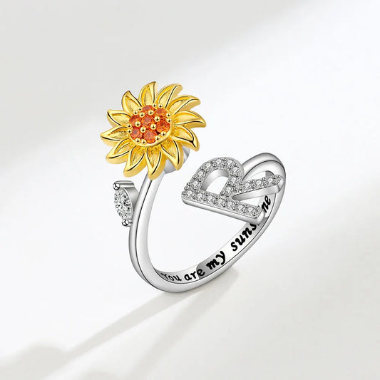 Luckacco Rotating Sunflower Initial Letter Rings For Women Anti Anxiety Spinner You Are My Sunshine Stainless Steel Ring Birthday Jewelry