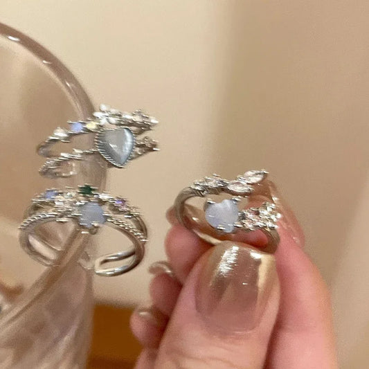 Luckacco 2024 Fashion Jewelry Crystal Rings Heart Adjustable Ring Irregular Geometry Punk Vintage Rings Set for Women Girls