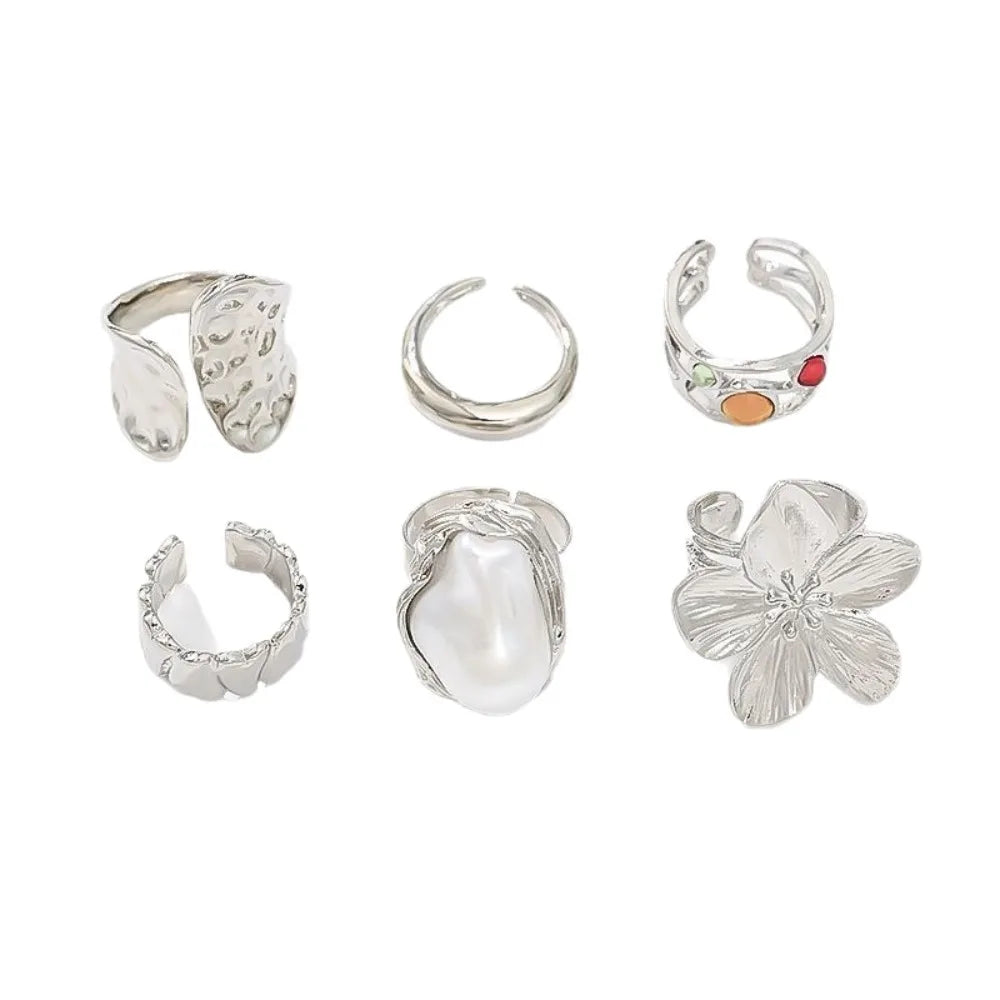 luckacco 6pcs set personality trend liquid metal lava flower baroque imitation pearl zircon opening rings for women jewelry sets gifts
