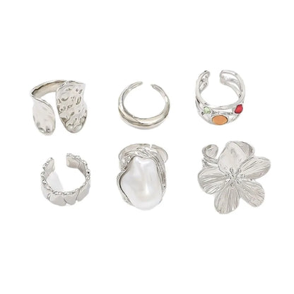 Luckacco 6pcs Set Personality Trend Liquid Metal Lava Flower Baroque Imitation Pearl Zircon Opening Rings for Women Jewelry Sets Gifts