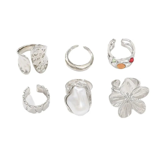 Luckacco 6pcs Set Personality Trend Liquid Metal Lava Flower Baroque Imitation Pearl Zircon Opening Rings for Women Jewelry Sets Gifts