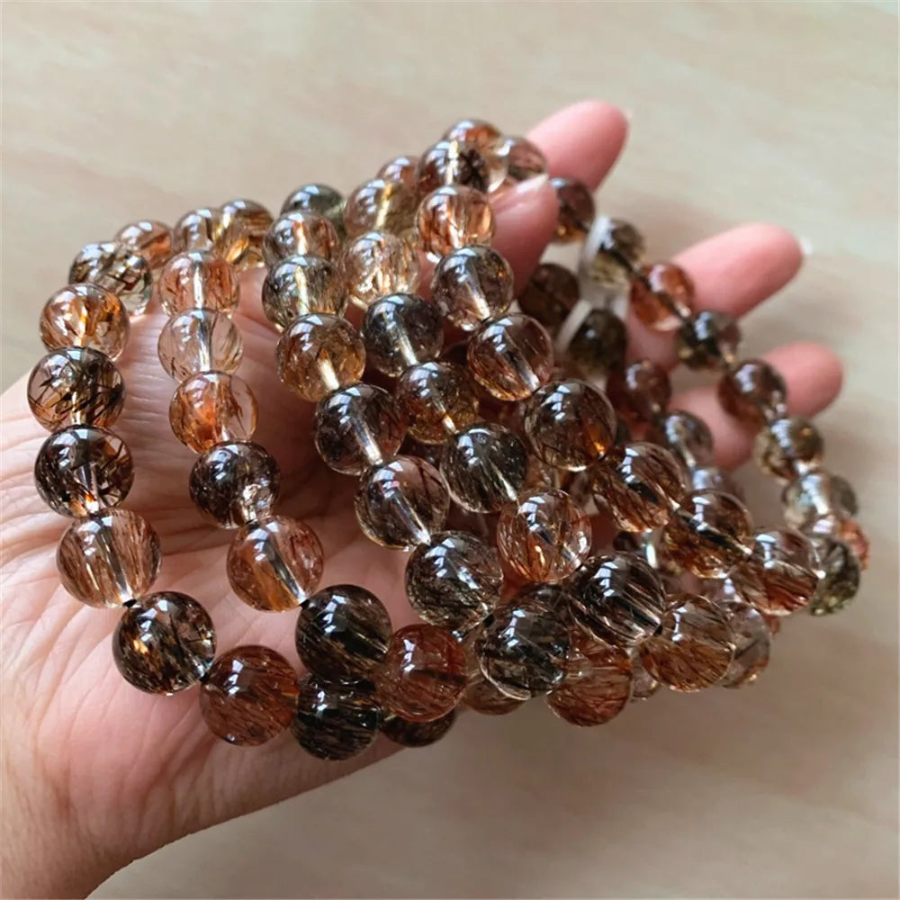 luckacco natural black gold super seven 7 rutilated quartz bracelet woman men copper rutilated rare clear round beads aaaaaaa