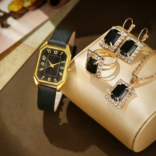 Luckacco 6/5/1PCS Luxury Fashion Square Women's Watches Brand Ladies Quartz Wristwatch Jewelry Set Classic Simple Femme Relogio Feminino