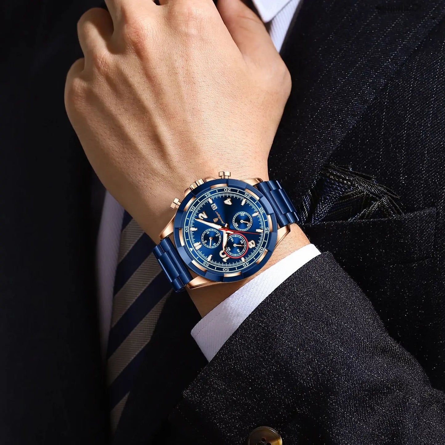 luckacco poedagar trendy men's watch luminous waterproof stainless steel male watch chronograph date sports quartz watches for men reloj