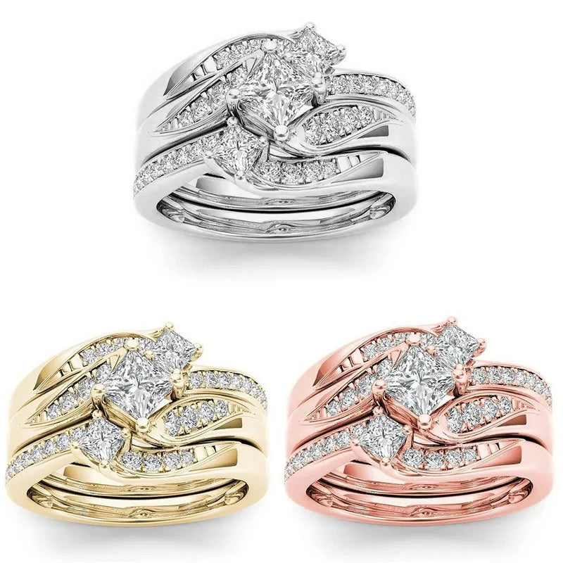 luckacco elegant rose gold silver gold color inlaid with white zircon rings set fashion party engagement wedding rings for women jewelry