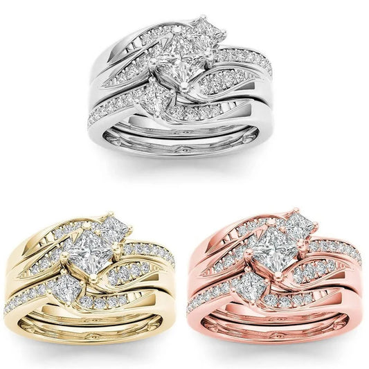 Luckacco Elegant Rose Gold Silver Gold Color Inlaid with White Zircon Rings Set Fashion Party Engagement Wedding Rings for Women Jewelry