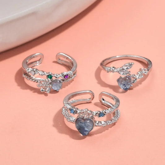 Luckacco New Y2K Crystal Rings Kpop Heart Adjustable Ring Irregular Geometry Punk Vintage Rings Set for Women Girls 2025 Fashion Jewelry