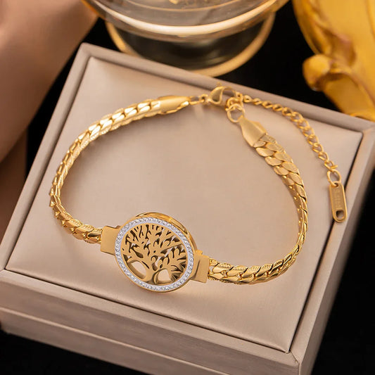 Luckacco 2024 Trendy Creative Personality Gold Color Stainless Steel World Tree Bracelet for Women Luxury Inlay Crystal Bangle Jewelry