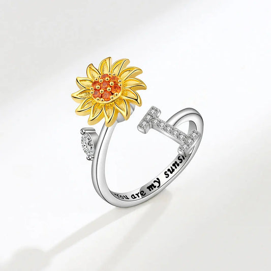 Luckacco Rotating Sunflower Initial Letter Rings For Women Anti Anxiety Spinner You Are My Sunshine Stainless Steel Ring Birthday Jewelry