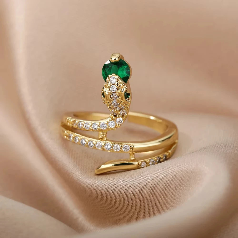 luckacco gold plated stainless steel green zircon snake rings for women men open adjustable finger ring vintage gothic aesthetic jewelry