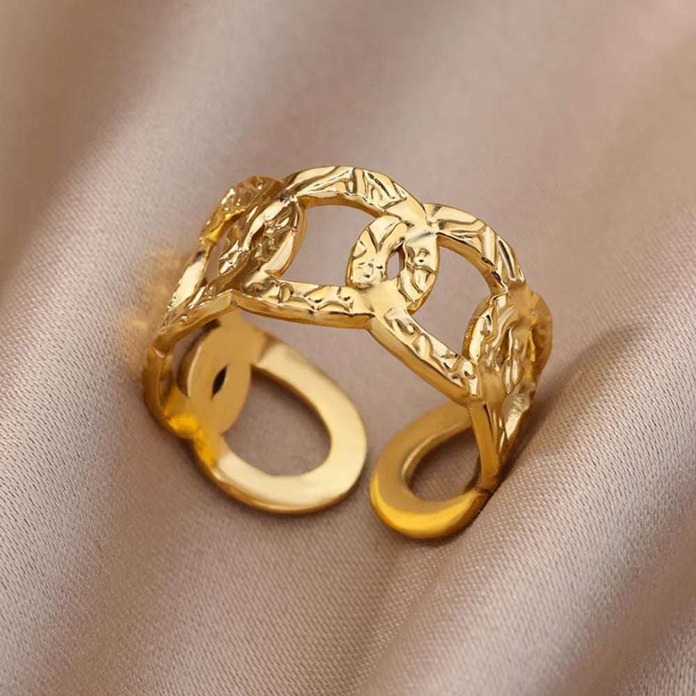 luckacco elegant stainless steel big bloom flower rings for women gold color sun starfish open ring finger jewelry wedding her gift punk