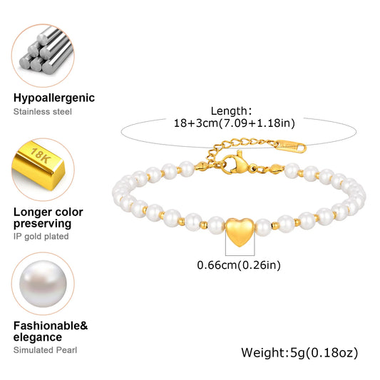 Luckacco Elegant High Quality Imitation Pearl Beads Bracelet for Women, Stainless Steel Heart Charm Bracelet, Waterproof Fashion Jewelry