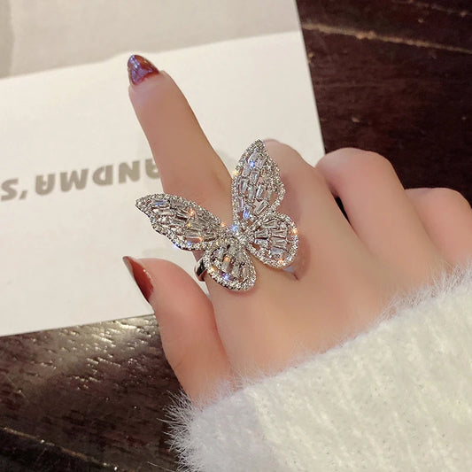 Luckacco Women's Copper Set Zircon Butterfly Ring European and American Style Luxury Bubble Cocktail Party Ring Bride Jewelry Accessories