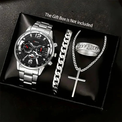 Luckacco 4Pcs/set Luxury Men Business Quartz Watch stainless steel Roman Calendar Wrist Watch Cross Necklace Bracelet Ring Set Men's Gift