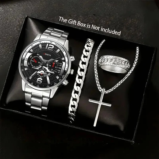 Luckacco 4Pcs/set Luxury Men Business Quartz Watch stainless steel Roman Calendar Wrist Watch Cross Necklace Bracelet Ring Set Men's Gift