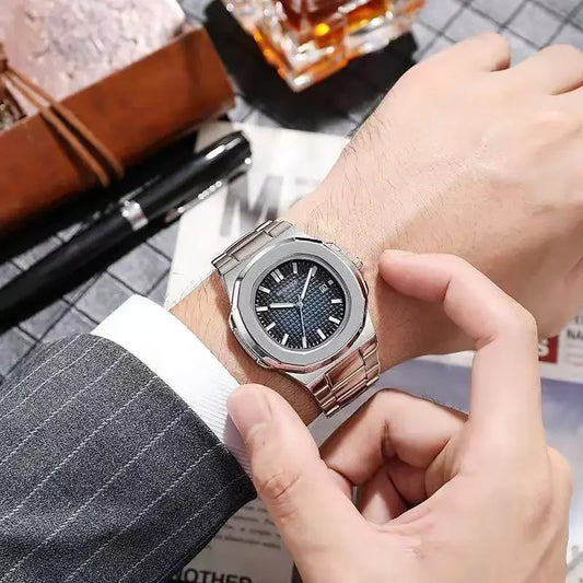Luckacco 2024 Luxury Fashion Casual Men Watches Big Dial Silver Stainless Steel Calendar Quartz Wristwatch Classic Top Brand Male Clock