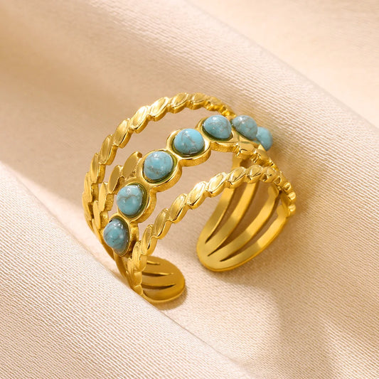 Luckacco Vintage Turquoise Wide Ring for Women Gold Color Stainless Steel Wheat Ear Adjustable Open Ring Fashion Party Jewelry Gift