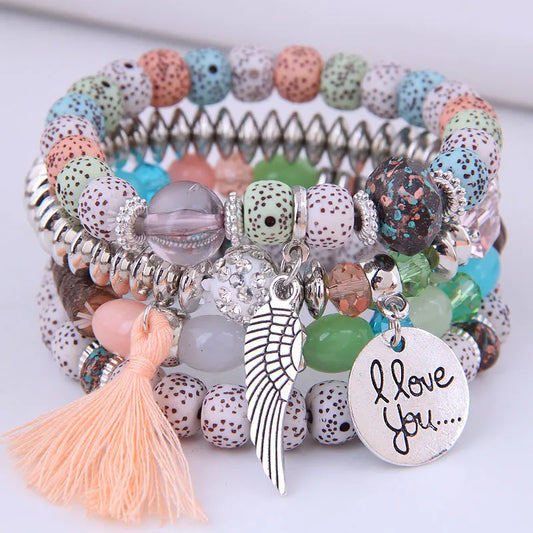 Luckacco elite Bohemian Multicolor Pink Crystal Beads Bracelets Women Girls Elastic Tassel Wing Letters Rope Bracelet Pulseira Feminina