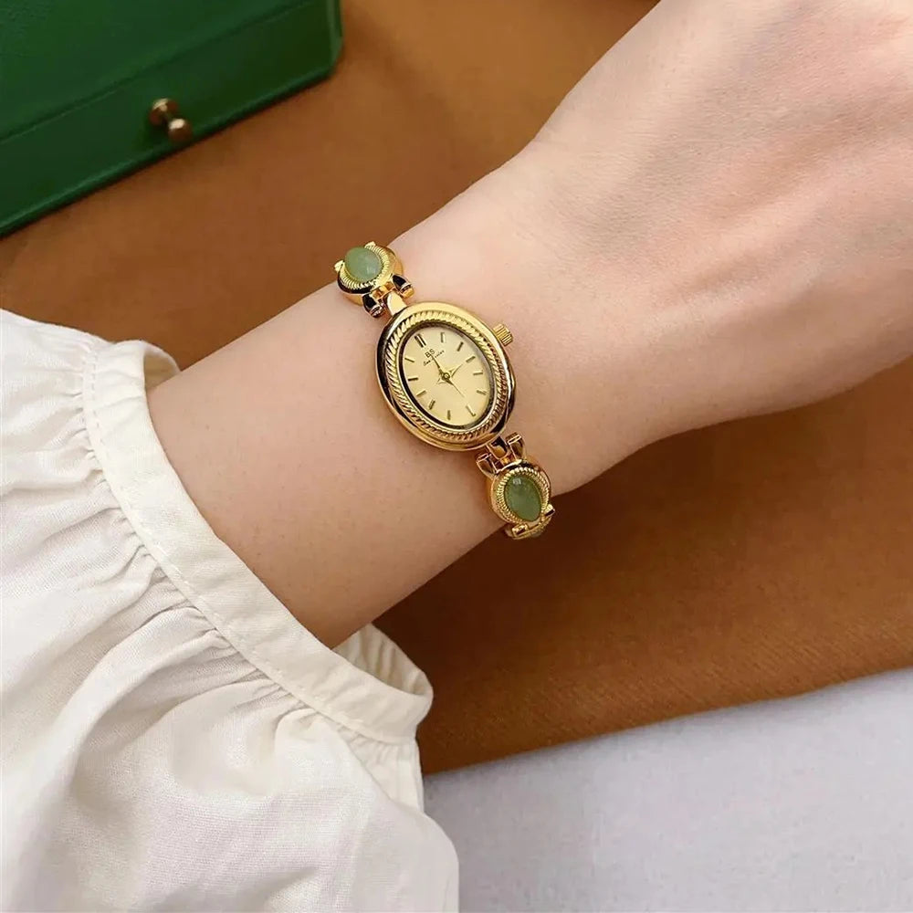 luckacco women's gold watch vintage brown jade bracelet small dial quartz daily wear party clock luxury waterproof ladies watches gifts