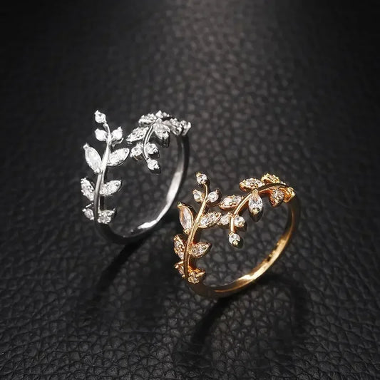 Luckacco Leaf Shape Design Adjustable Opening Rings for Women Sparkling Cubic Zirconia Olive Ring Party Daily Wear Fashion Jewelry