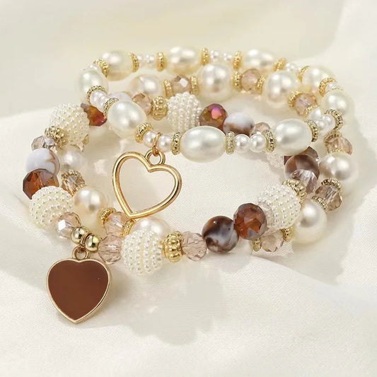 Luckacco 5pcs Heart Boho Beach Bracelet Set Pearl Crystal Beaded Multilayer Wrist Jewelry For Women Gift
