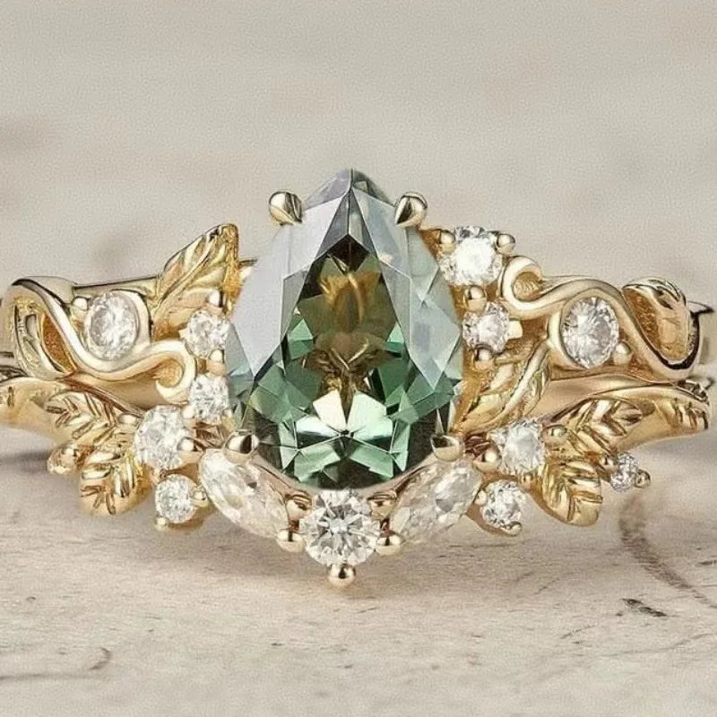 luckacco charm women rings gold color waterdrop flower white green stone rings set party accessories gift