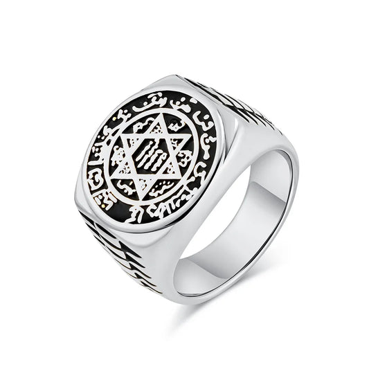 Luckacco Seal Solomon Six-Pointed Star 12 Constellation Mens Womens Stainless Steel Talisman Health Prosperity Ring