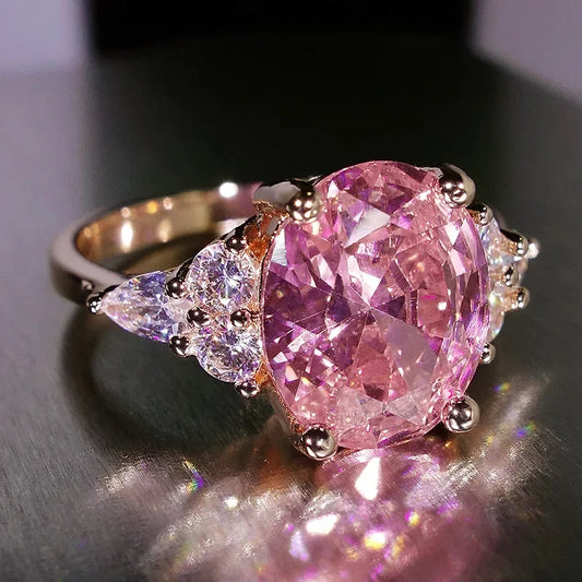 Luckacco Big Oval Stone Pink Zircon Ring Female Luxury Crystal Engagement Rings For Women Vintage Rose Gold Silver Color Wedding Jewelry